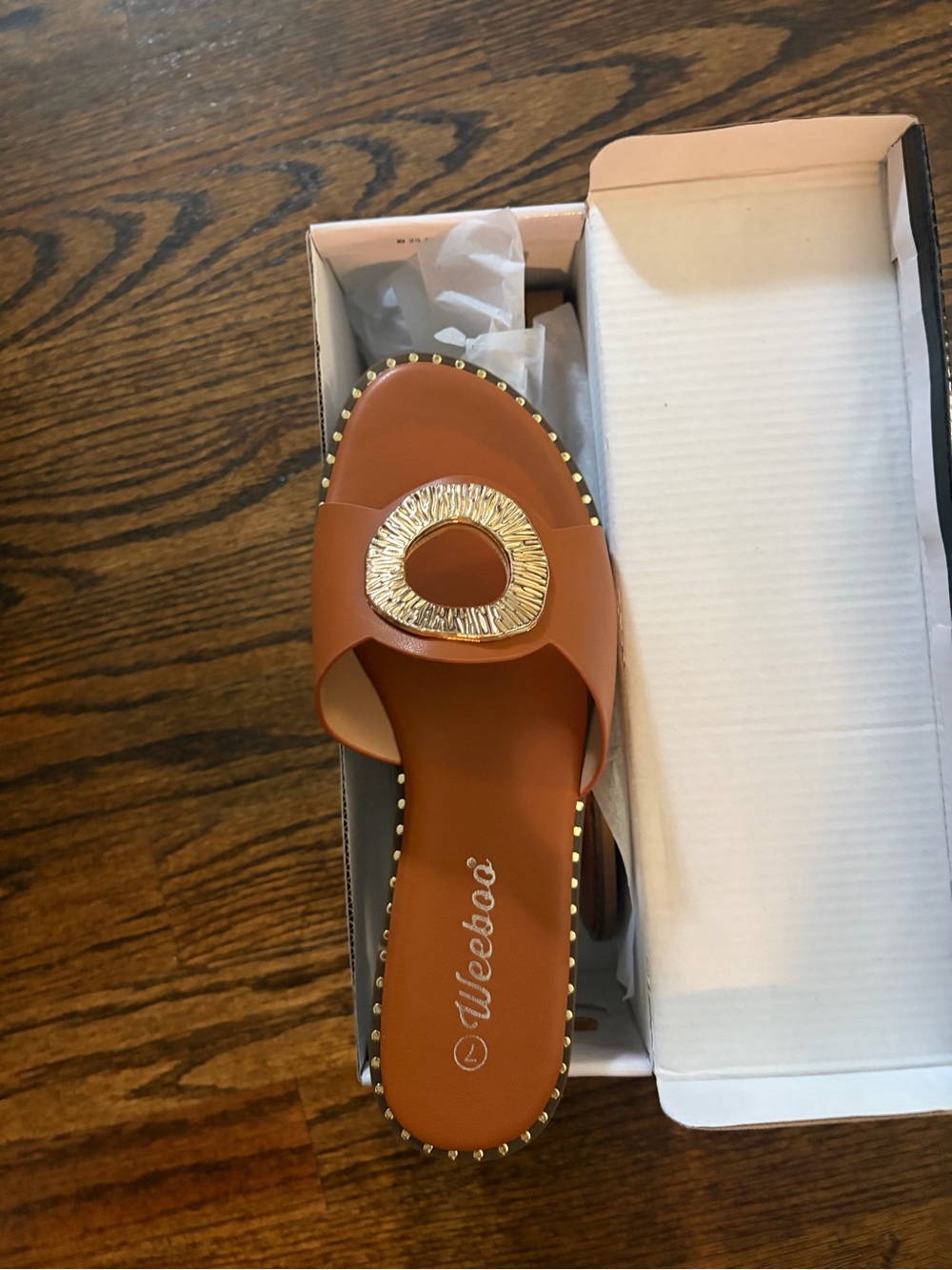 Weeboo Tan Slide Sandals with Gold Accent